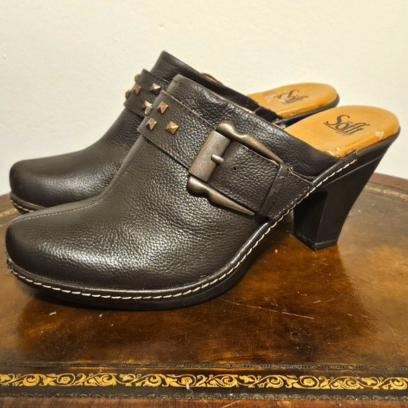 Sofft brown stud leather upper clog mule 7.5 slip on with buckle - Picture 1 of 9